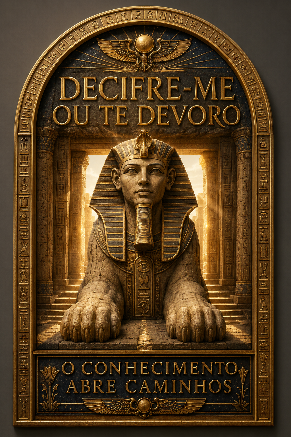 Esfinge egípcia com as frases Decifre-me ou te devoro e O conhecimento abre caminhos